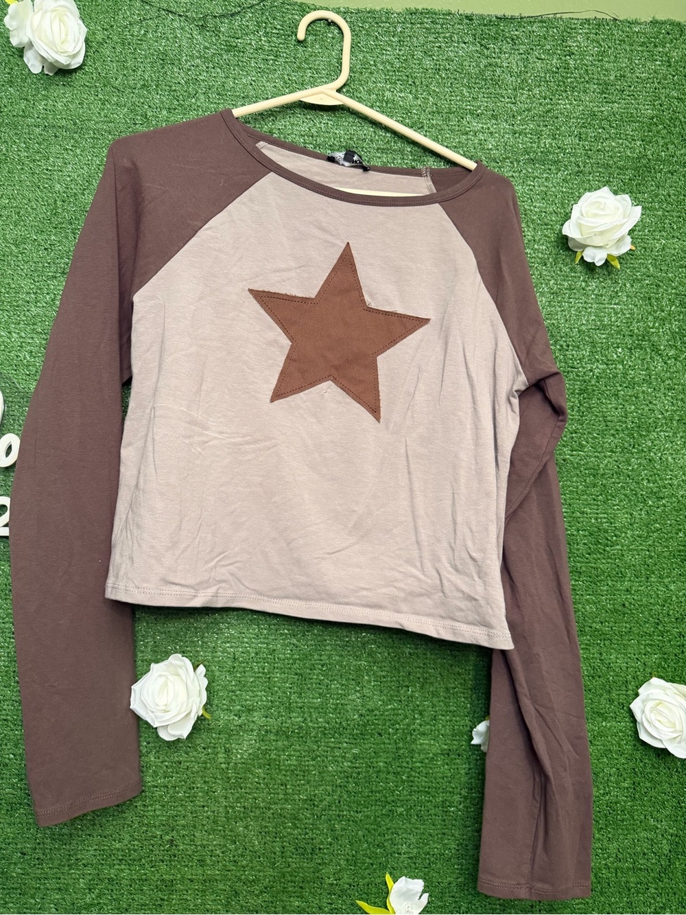 Fashion Nova Two-Tone Brown Star Raglan Long Sleeve Top